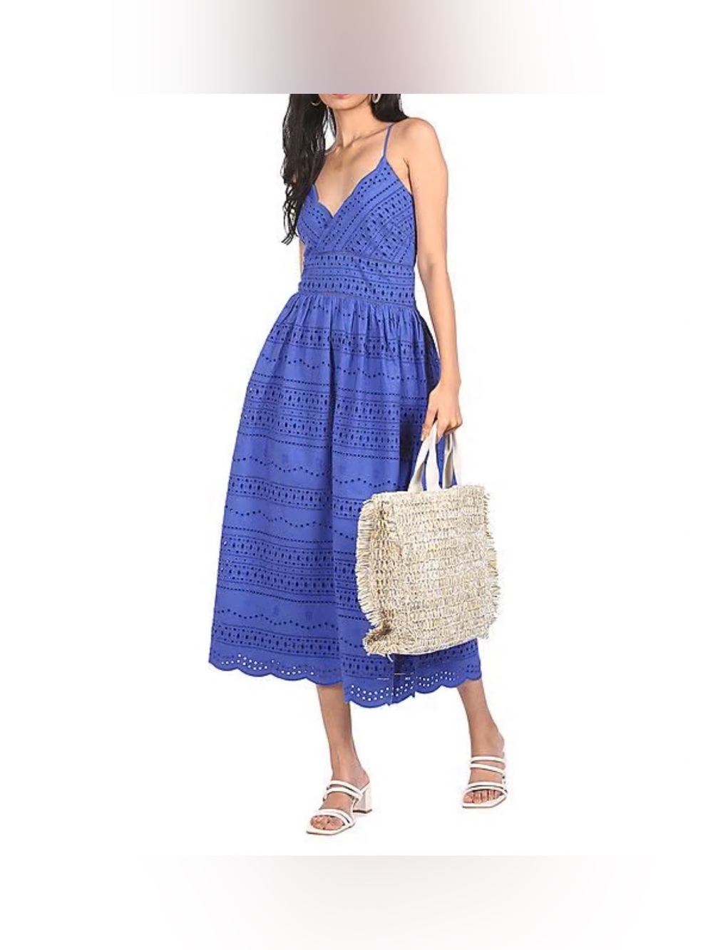 TOMMY HILFIGER Schiffli Embroidered Dress Cotton V Neck Women’s 12 Blue
